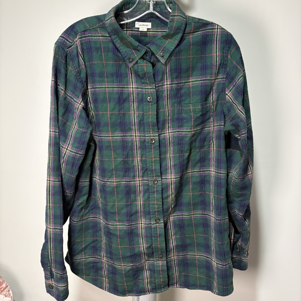 LL Bean Flannel Shirt Men's Size L Plaid Red Green Cotton Outdoor Grunge